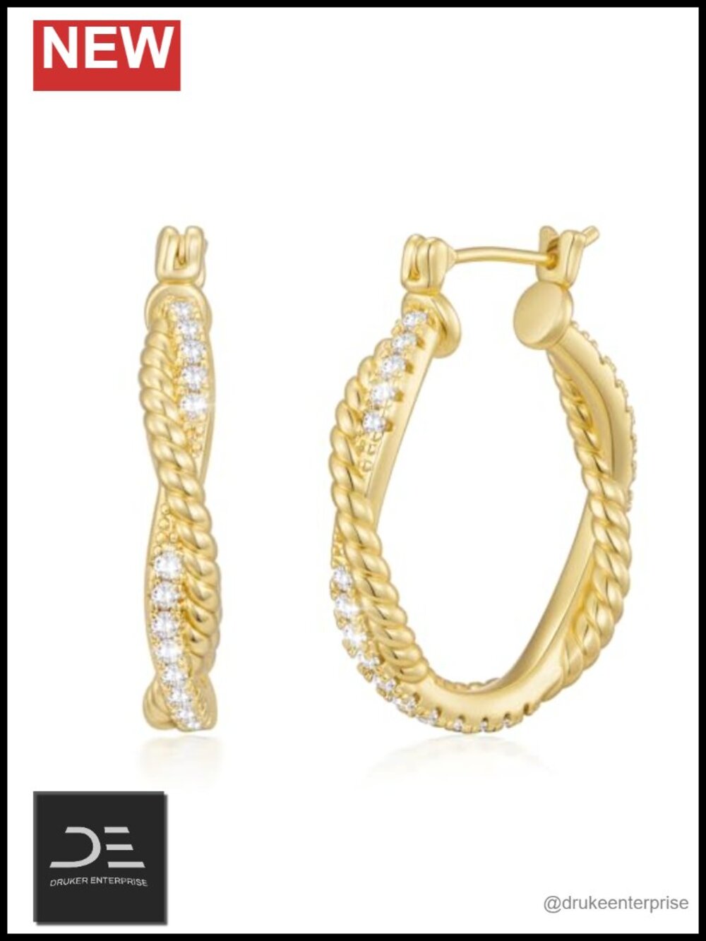 14K Gold Plated Twisted Hoop Earrings with Cubic Zirconia Hypoallergenic 25mm